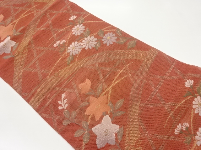 紗紬秋草に光悦垣模様織出し名古屋帯